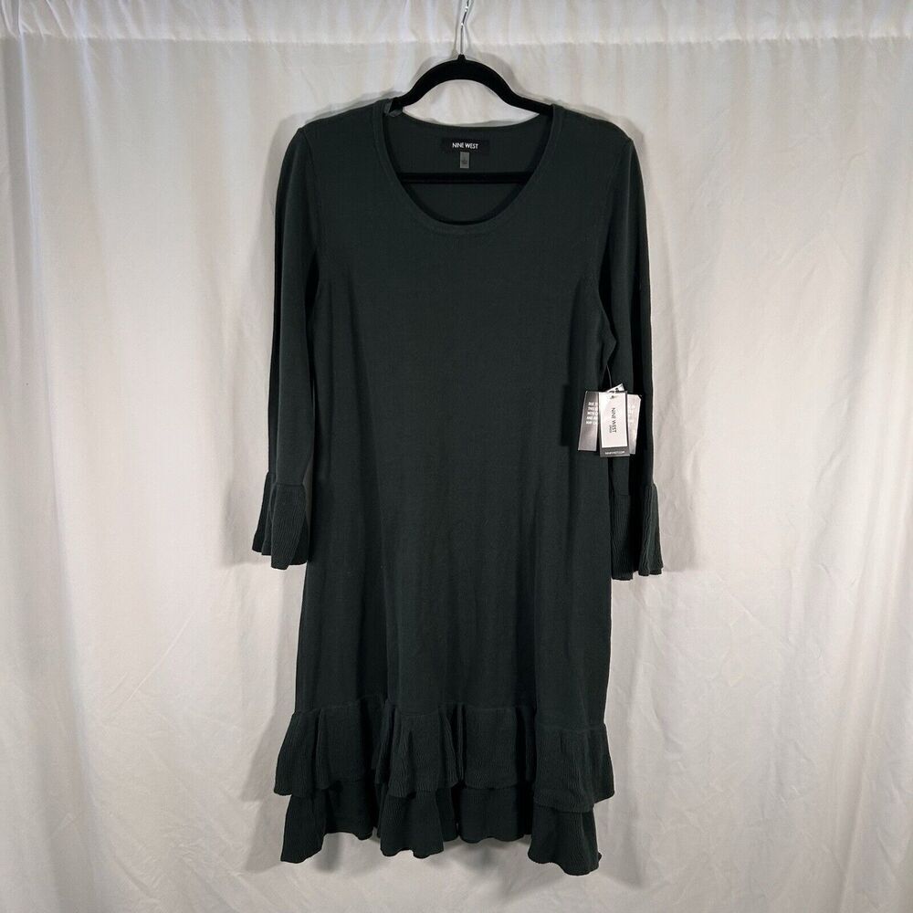 New Nine West Hunter Dress Women's Large Green Long Sleeve Round Neck